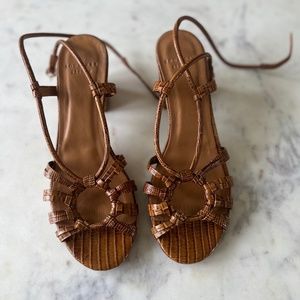Sezane Gloria Mid-Heel Sandals in Honey Tejus Leather
